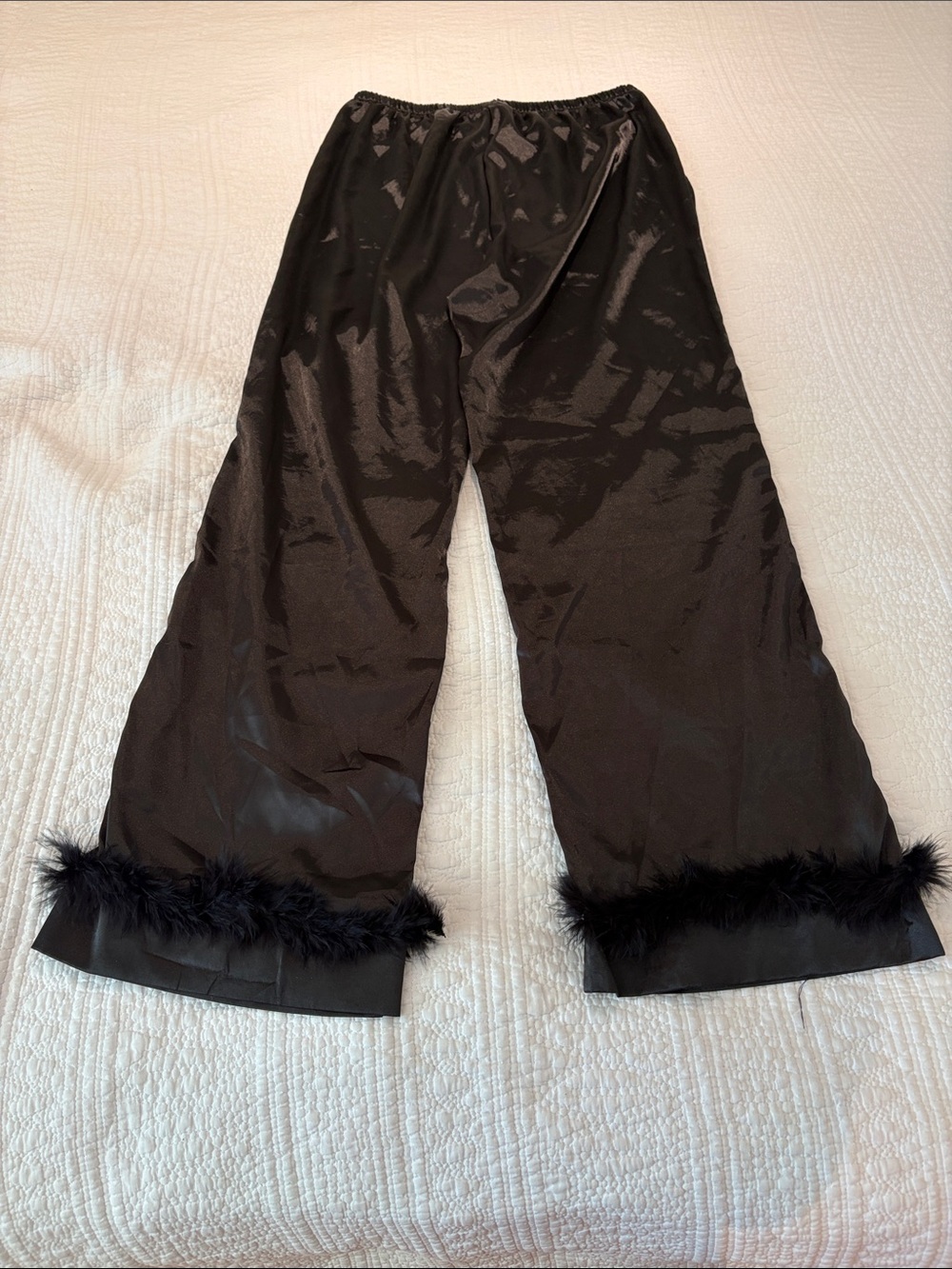 Black Satin Wide-Leg Pajama Pants with Feather Trim